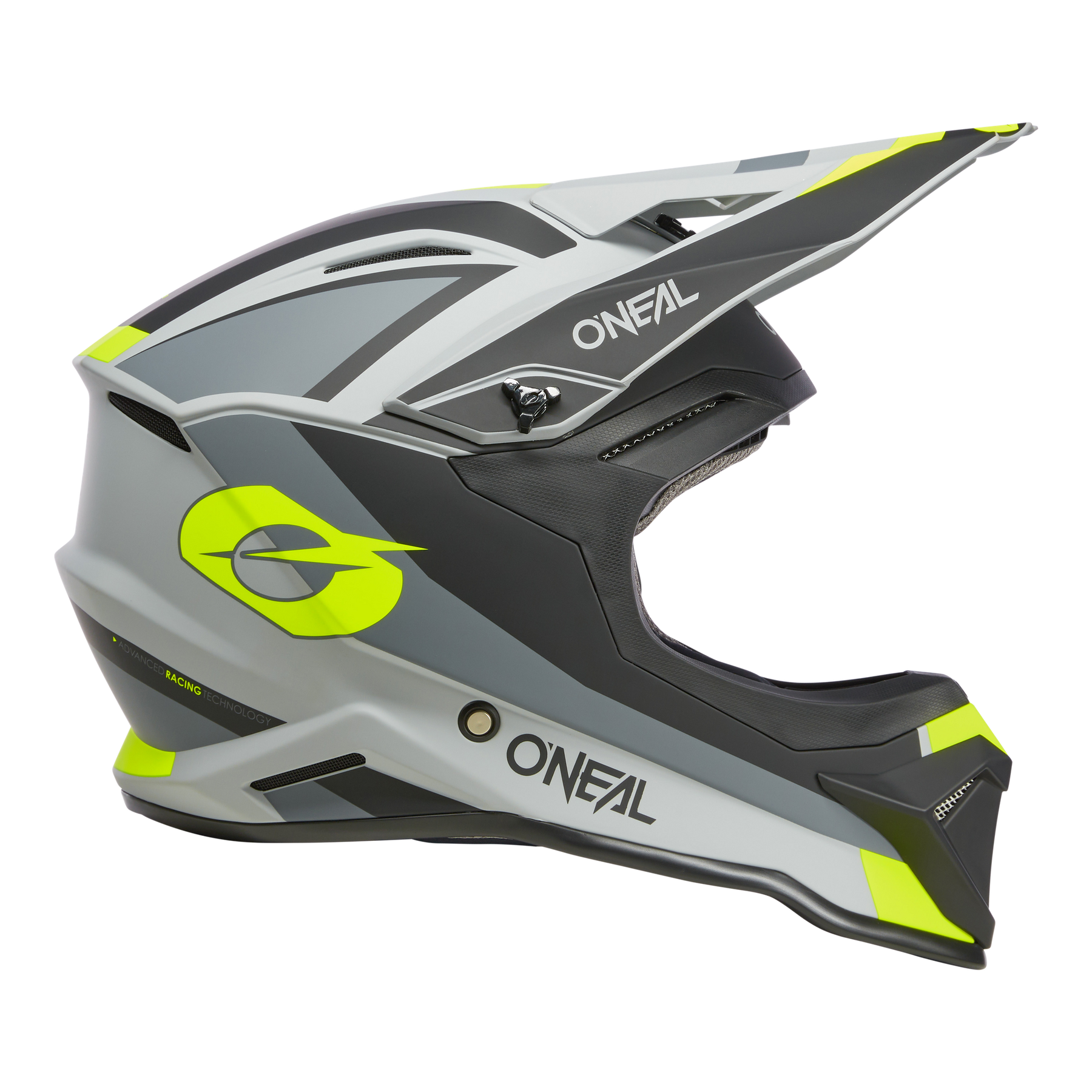 Seitenansicht des O'NEAL 1SRS Helm STREAM in Grau, Schwarz und Weiß mit gelben Akzenten und einem auffälligen "G"-Logo. Dieser O'NEAL-Helm verfügt über eine ABS-Schale, ein Visier, aerodynamisches Design und hochwertige Technik für Spitzenleistungen.
