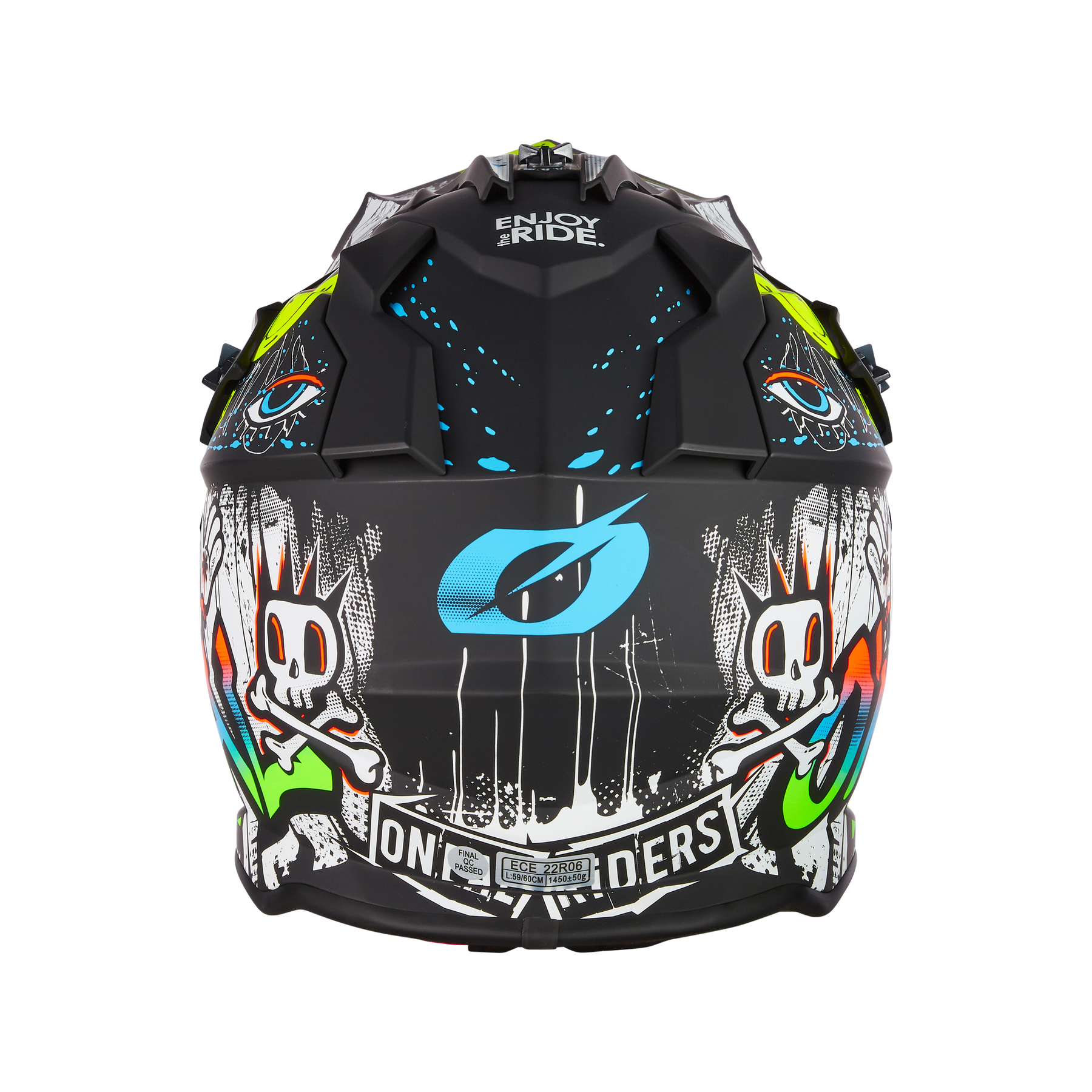 Rückansicht eines schwarzen Motorradhelms O'NEAL 2SRS Helm RANCID mit farbenfrohen, abstrakten Kunstwerken. Das Design umfasst blaue, grüne und orange Akzente mit stilisierten Totenkopffiguren und graffitiartigen Elementen. Auf der Oberseite des Helms steht der Satz „Enjoy the Ride“.