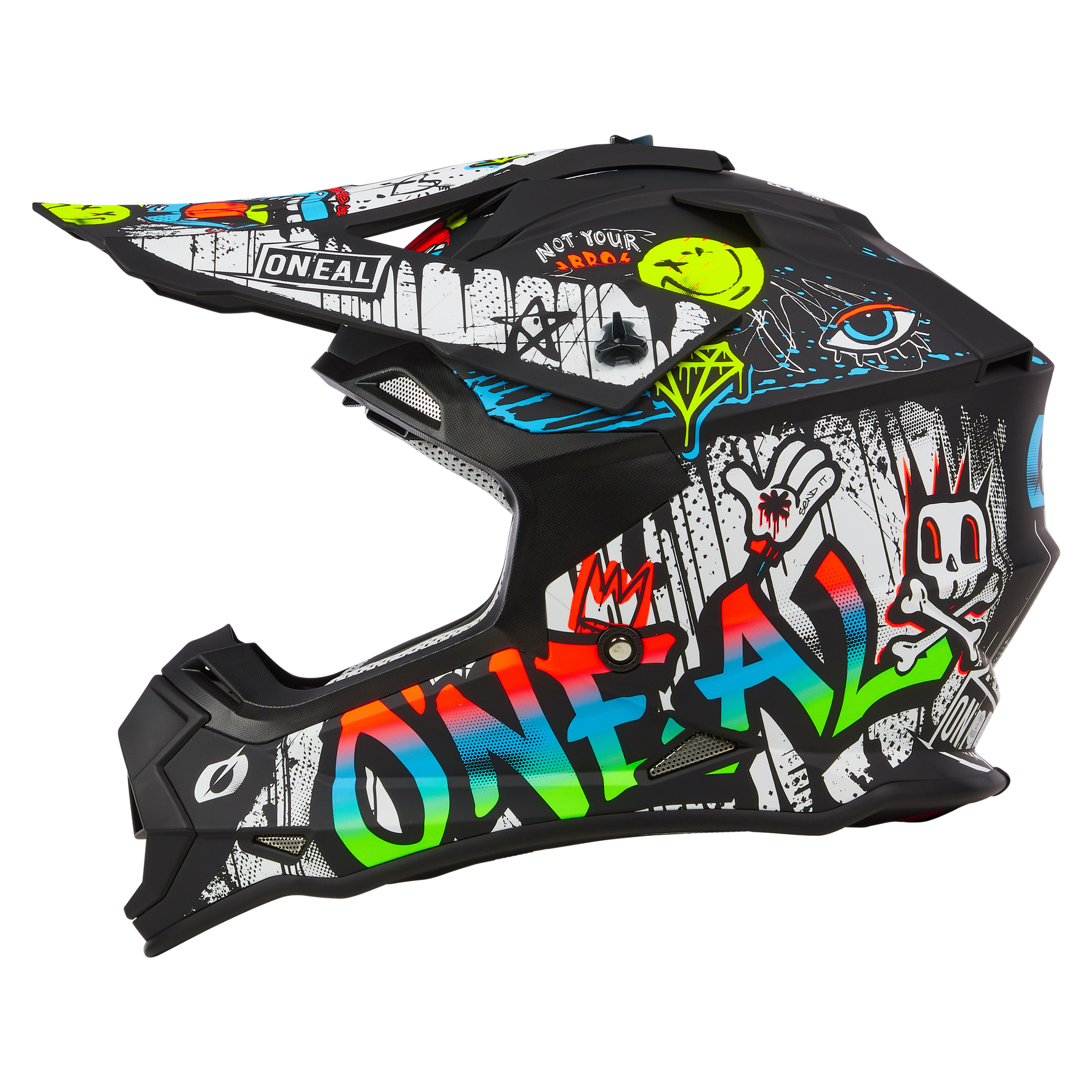 Der O'NEAL 2SRS Helm RANCID ist ein schwarzer Motocross-Helm von O'NEAL mit lebendigen, farbenfrohen Kunstwerken im Graffiti-Stil. Das Design umfasst abstrakte Formen, Cartoon-Gesichter, ein Auge und verschiedene Muster in leuchtenden Farben wie Grün, Rot, Blau und Gelb. Das Wort „2SRS“ ist deutlich auf der Seite zu sehen.