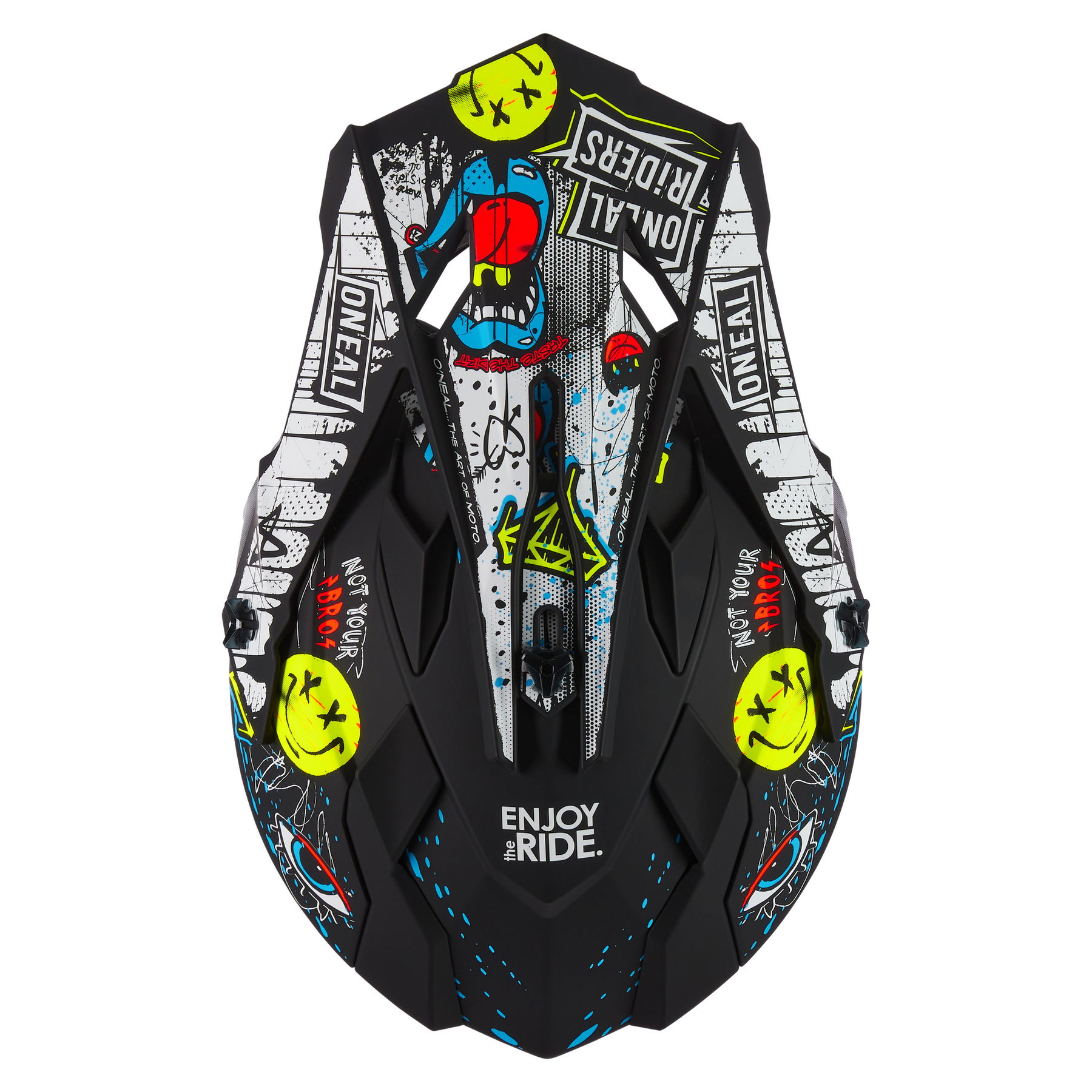 Der O'NEAL 2SRS Helm RANCID verfügt über ein lebendiges Design im Graffiti-Stil mit einem blau-roten Gesicht, gelben Smileys und Textelementen wie „ENJOY the RIDE“, „ONE FALL“, „PROFESSIONAL TROUBLE“ und „NOT YOUR BROKE“ auf überwiegend schwarzem Untergrund. Dieser O'NEAL Motocross-Helm bietet sowohl Stil als auch Sicherheit.