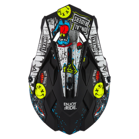 Der O'NEAL 2SRS Helm RANCID verfügt über ein lebendiges Design im Graffiti-Stil mit einem blau-roten Gesicht, gelben Smileys und Textelementen wie „ENJOY the RIDE“, „ONE FALL“, „PROFESSIONAL TROUBLE“ und „NOT YOUR BROKE“ auf überwiegend schwarzem Untergrund. Dieser O'NEAL Motocross-Helm bietet sowohl Stil als auch Sicherheit.