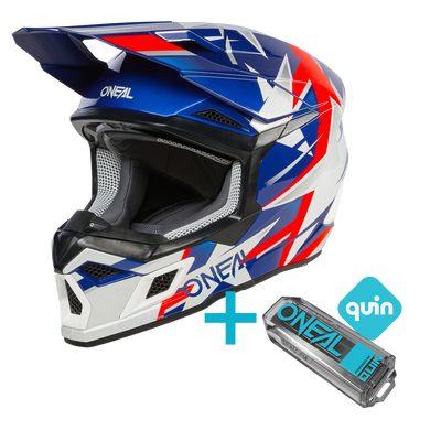 Das O'NEAL 3SRS Ride Quin Bundle besteht aus einem blauen, roten und weißen O'NEAL Motocross-Helm mit "O'NEAL"-Branding und einem Gerät mit dem Quin-Logo, das die Fähigkeiten des intelligenten Helms mit dem Quin Pro Smart Sensor demonstriert.