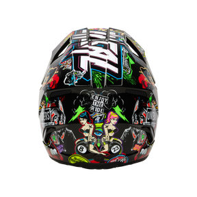 Ein lebendiger O'NEAL 3SRS Helm CRANK-Motorradhelm mit farbenfrohen Grafiken und Texten, wobei „ENJOY THE RIDE!“ das zentrale Design ist. Der Helm ist mit verschiedenen illustrierten Figuren und Motiven verziert, darunter Blitze, ein Stoppschild und stilisierte Figuren, alle vor einem eleganten schwarzen Hintergrund.