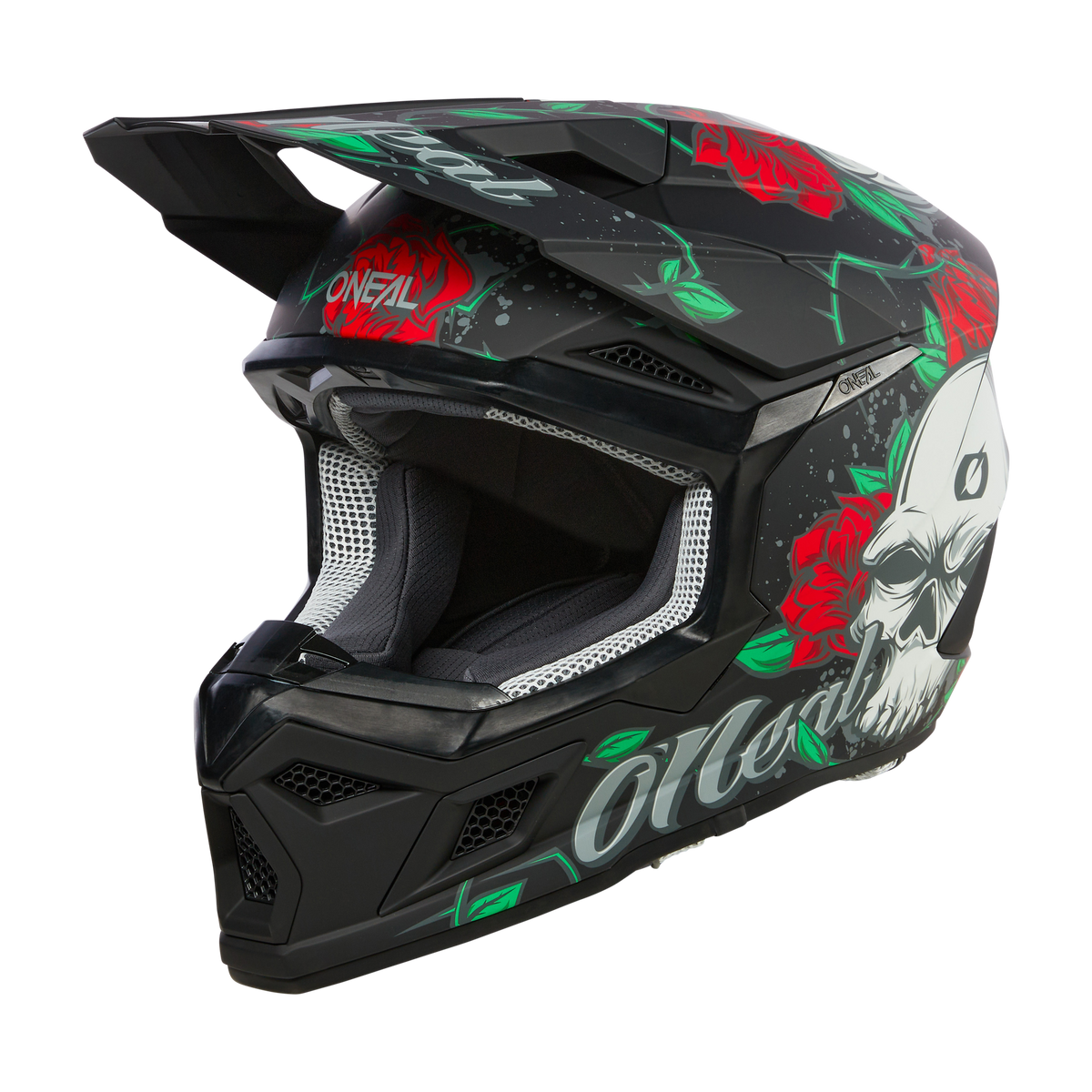 Ein O'NEAL 3SRS Helm MELANCIA mit auffälligen Blumen- und Totenkopfgrafiken an den Seiten. Dieser schwarze Helm verfügt über ein leuchtend rotes Rosendesign, grüne Blätter und einen weißen Totenkopf. Ausgestattet mit einem Visier, Belüftungsöffnungen und einer gepolsterten Innenausstattung für maximalen Komfort und Schutz ist er ideal für jeden Motocross-Enthusiasten.