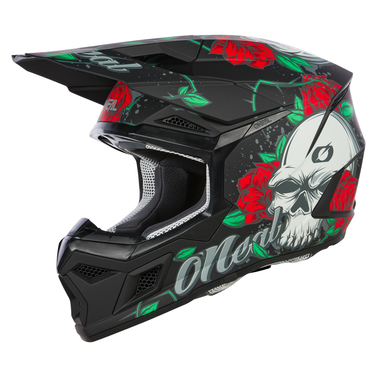 Der O'NEAL 3SRS Helm MELANCIA ist ein auffälliger schwarzer Motocross-Helm, der mit leuchtend roten Rosen und einem weißen Totenkopf-Design an der Seite verziert ist. Er trägt die Marke „O'Neal“ in stilvollem Text, besticht durch aufwendige Details und verfügt über ein Visier für zusätzlichen Schutz.