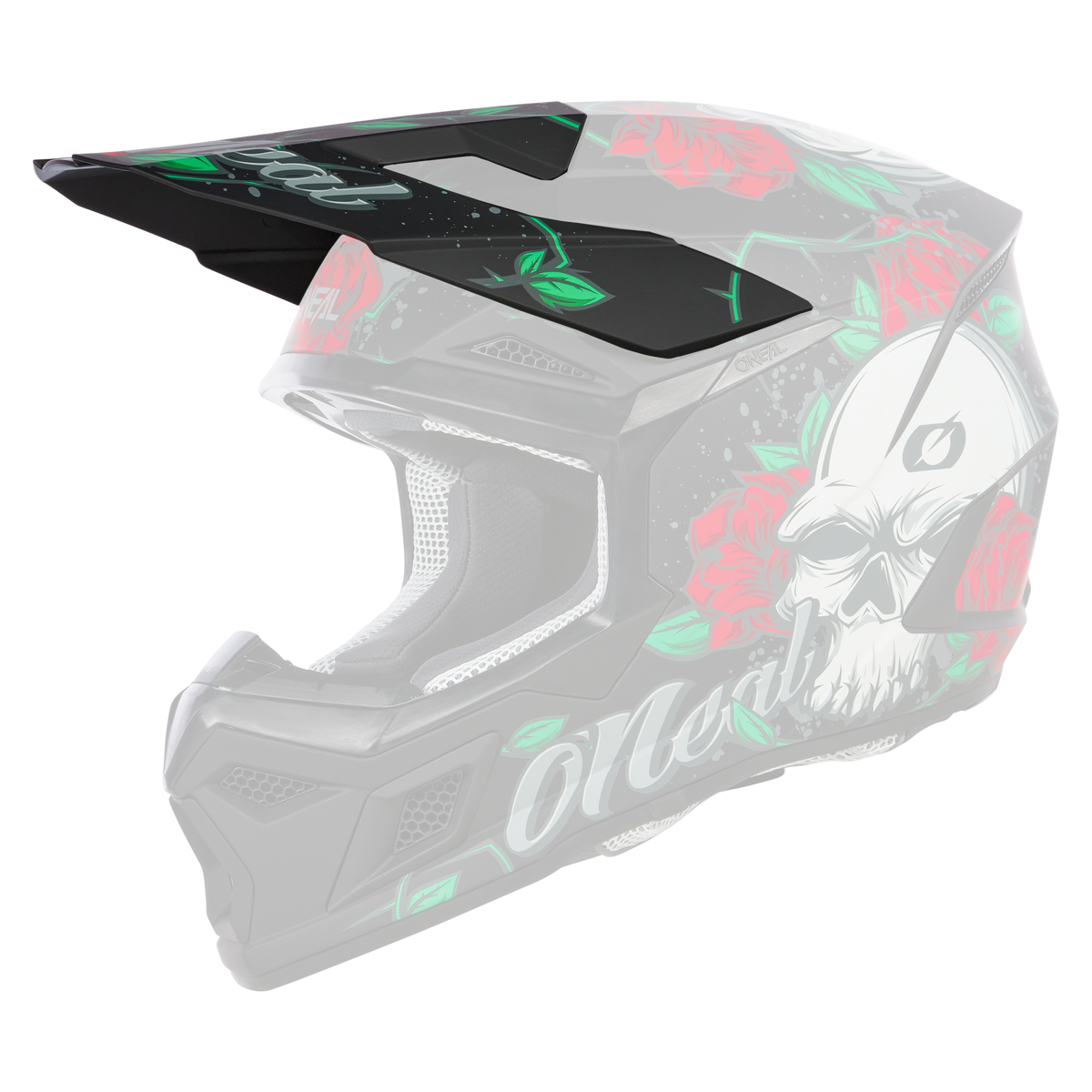 Der O'NEAL Visor 3SRS Helm MELANCIA ist ein schwarzer Motocross-Helm, der mit roten Rosen und einem weißen Totenkopf-Design verziert ist. Der Helm ist mit einem Visier ausgestattet und trägt auf der Seite deutlich das Markenlogo „O'Neal“. Er verfügt über ein Mesh-Innenfutter und hat eine schlanke, aerodynamische Form.