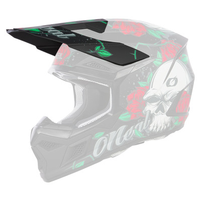 Der O'NEAL Visor 3SRS Helm MELANCIA ist ein schwarzer Motocross-Helm, der mit roten Rosen und einem weißen Totenkopf-Design verziert ist. Der Helm ist mit einem Visier ausgestattet und trägt auf der Seite deutlich das Markenlogo „O'Neal“. Er verfügt über ein Mesh-Innenfutter und hat eine schlanke, aerodynamische Form.