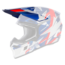 Der O'NEAL Visor 3SRS Helm RIDE besticht durch ein lebendiges geometrisches Design in den Farben Blau, Rot und Silber. Er verfügt über ein markantes Visier und eine aggressive, eckige Form. Der Markenname „O'NEAL“ ist deutlich sichtbar an der Seite angebracht und die Innenseite ist für Komfort und Sicherheit gefüttert.