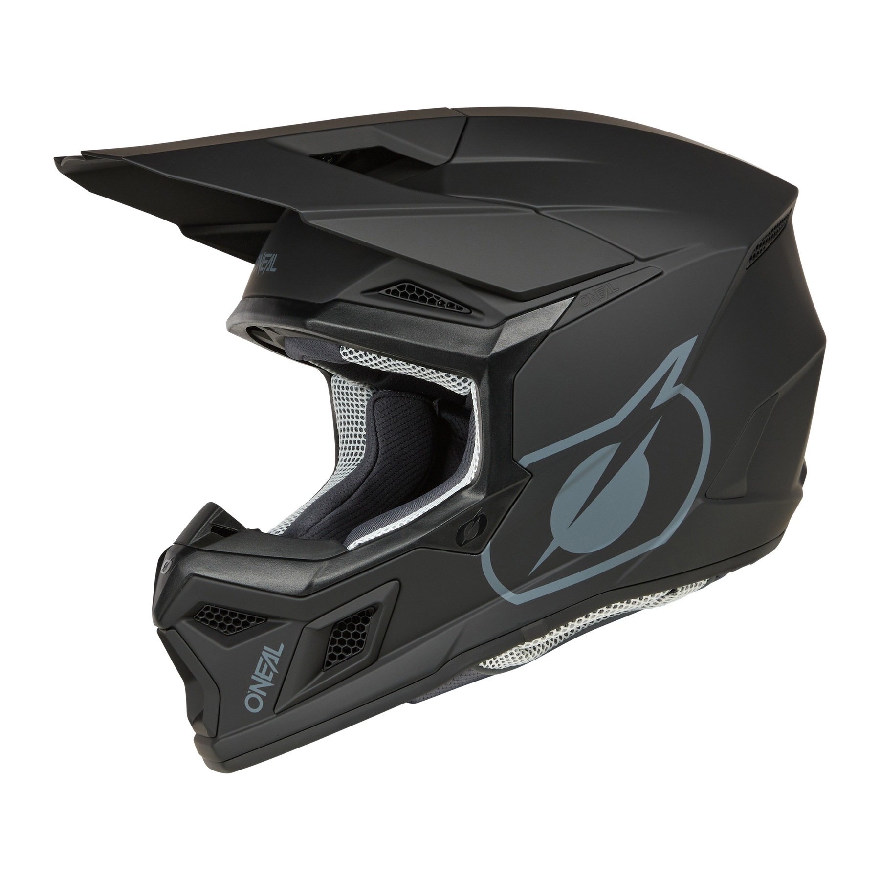Der O'NEAL 3SRS Helm SOLID, ein schwarzer Offroad-Motorradhelm von O'NEAL, ist mit einem Visier und einem Kinnschutz ausgestattet. Sein schlankes Design umfasst strategisch platzierte Belüftungsöffnungen für eine optimale Luftzirkulation und zeigt das markante Logo an der Seite. Im Inneren sorgt das Mesh-Innenfutter für Komfort und macht ihn zur idealen Wahl für jeden Motocross-Profi.