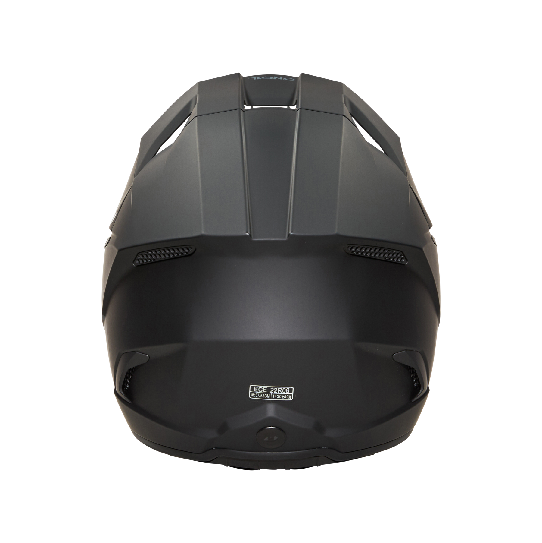 Ein eleganter, schwarzer O'NEAL 3SRS Helm SOLID von hinten betrachtet, der sein modernes aerodynamisches Design und eine integrierte Kamera unten in der Mitte zeigt. Die robuste Konstruktion des Helms lässt darauf schließen, dass er für Hochgeschwindigkeitsaktivitäten wie Motorradfahren oder Extremsportarten wie Motocross Profi konzipiert ist.