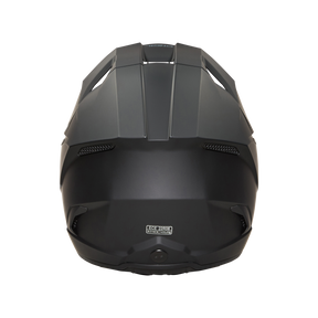 Ein eleganter, schwarzer O'NEAL 3SRS Helm SOLID von hinten betrachtet, der sein modernes aerodynamisches Design und eine integrierte Kamera unten in der Mitte zeigt. Die robuste Konstruktion des Helms lässt darauf schließen, dass er für Hochgeschwindigkeitsaktivitäten wie Motorradfahren oder Extremsportarten wie Motocross Profi konzipiert ist.