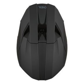 Ein schwarzer aerodynamischer Fahrradhelm, von vorne betrachtet, mit schlanken, eckigen Linien und Belüftungsschlitzen. Das Wort „O’NEAL“ ist oben in der Mitte des O’NEAL 3SRS Helm SOLID deutlich sichtbar und erinnert an die Präzision der ABS 3SRS MX Helmdesigns.
