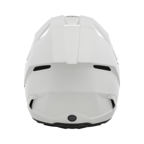 Ein weißer O'NEAL 3SRS Helm SOLID Mountainbikehelm mit aerodynamischem Design, Belüftungsöffnungen an der Vorder- und Seitenseite und einem kleinen O'NEAL-Logo auf der unteren Rückseite vor schwarzem Hintergrund.
