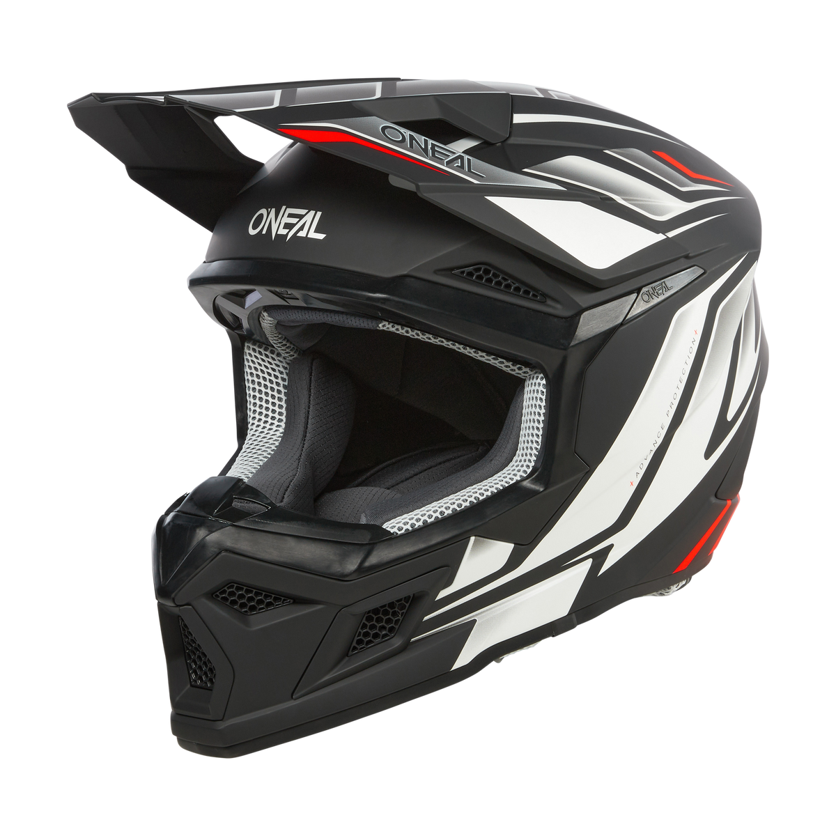 Der O'NEAL 3SRS Helm VERTICAL in Schwarz, Weiß und Rot ist perfekt für jede Rennsession. Er verfügt über ein Visier und ein aerodynamisches Design, Belüftungsöffnungen für die Luftzirkulation, eine gepolsterte Innenausstattung für mehr Komfort und einen Sicherheitszertifizierungsaufkleber auf der Rückseite. Dieser ABS-Motocross-Helm trägt deutlich den Markennamen „O'NEAL“.