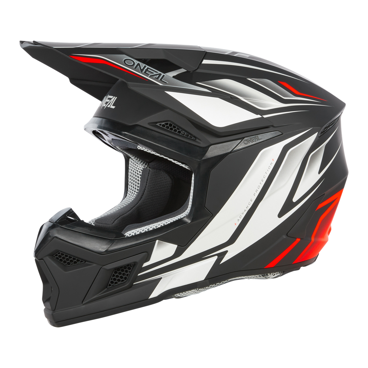 Der O'NEAL 3SRS Helm VERTICAL ist ein schwarzer Motocross-Helm mit auffälligen geometrischen Designs in Weiß und Rot, perfekt für deine nächste Rennsession. Er ist mit einem Visier und einem Mundschutz ausgestattet und trägt stolz das „O'NEAL“-Branding auf dem Visier und den Seiten. Die Innenseite ist gepolstert, um Komfort und Schutz zu gewährleisten.