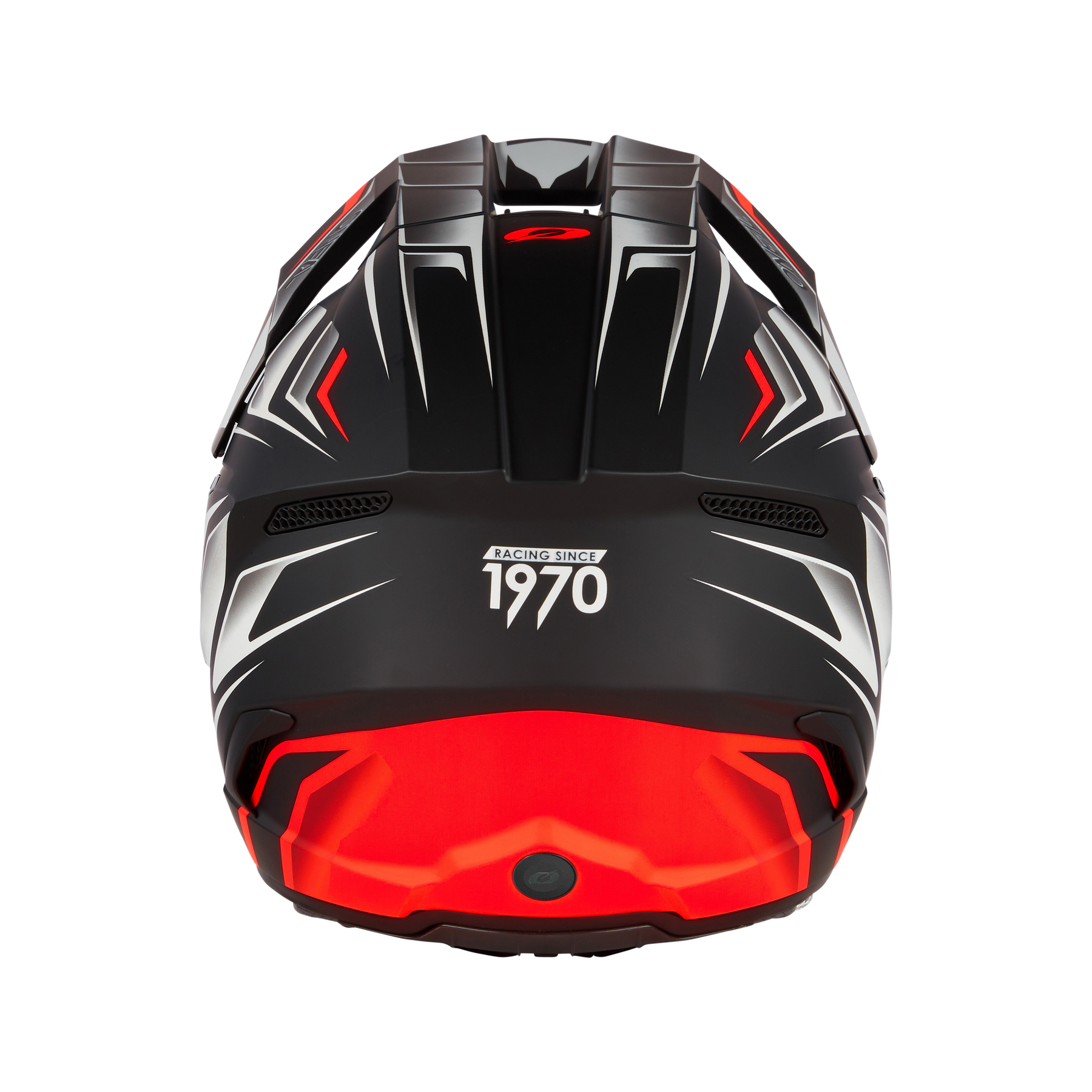 Der O'NEAL 3SRS Helm VERTICAL ist ein schwarzer Rennhelm mit kräftigen roten und weißen eckigen Akzenten, "RACING SINCE 1970" auf der Rückseite in Weiß und einem roten Lichtstreifen an der Basis - perfekt für jede Rennsession.