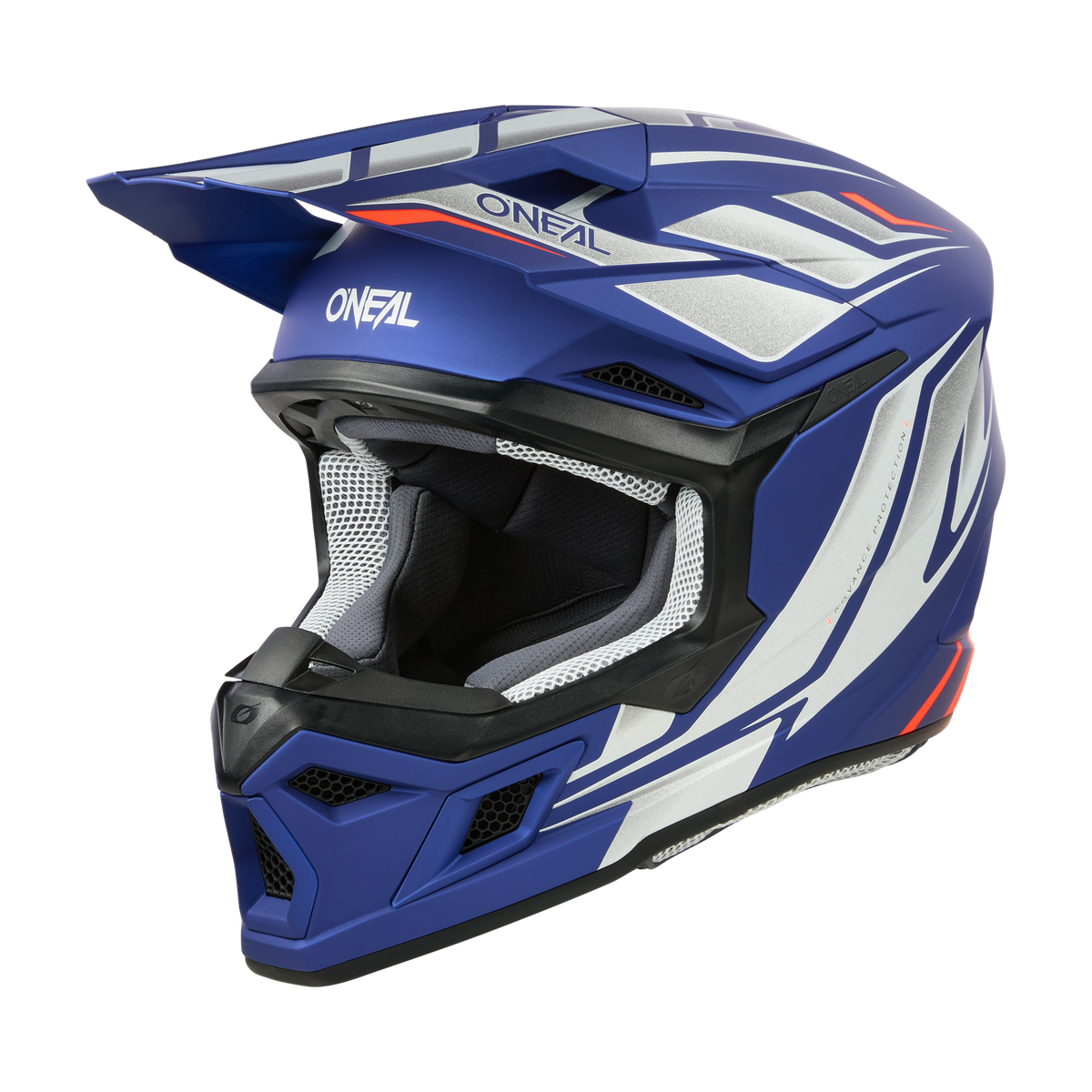 Der O'NEAL 3SRS Helm VERTICAL ist ein blau-silberner Integralhelm für Motorradfahrer mit roten Akzenten und verfügt über ein Visier und ein aerodynamisches Design. Der Markenname „O'NEAL“ ist auf der Vorderseite und an der Seite deutlich zu sehen, während die Innenpolsterung durch den offenen Gesichtsbereich sichtbar ist, was ihn perfekt für jede Rennsession macht.