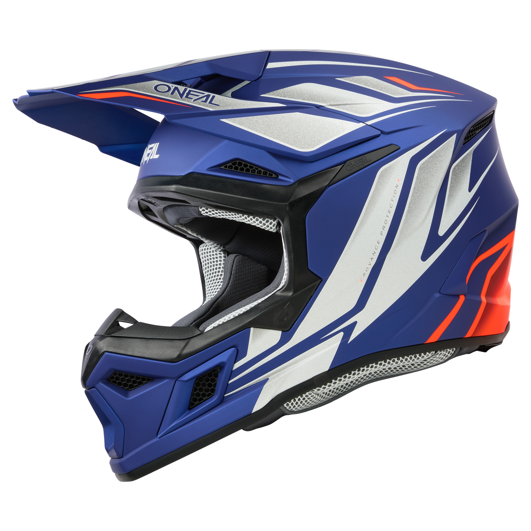 Der O'NEAL 3SRS Helm VERTICAL in Blau und Silber verfügt über ein Visier und ein aerodynamisches Design. Er besticht durch kräftige rote und weiße Akzente, das O'NEAL-Markenlogo auf der Stirnpartie und eine mit atmungsaktivem Material gepolsterte Innenseite für Komfort und Schutz während Ihrer Rennsitzungen.