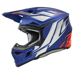 Der O'NEAL 3SRS Helm VERTICAL in Blau und Silber verfügt über ein Visier und ein aerodynamisches Design. Er besticht durch kräftige rote und weiße Akzente, das O'NEAL-Markenlogo auf der Stirnpartie und eine mit atmungsaktivem Material gepolsterte Innenseite für Komfort und Schutz während Ihrer Rennsitzungen.