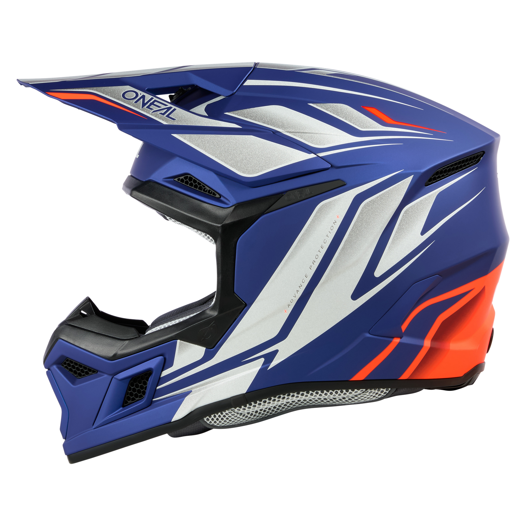 Eine detaillierte Seitenansicht eines blau-silbernen Integralhelms mit orangefarbenen Akzenten und einem angebrachten Visier. Der aerodynamische O'NEAL 3SRS Helm VERTICAL bietet einen schlanken, modernen Look mit dem Markennamen „O'NEAL“ auf der Visierkante, perfekt für jede Rennsession.