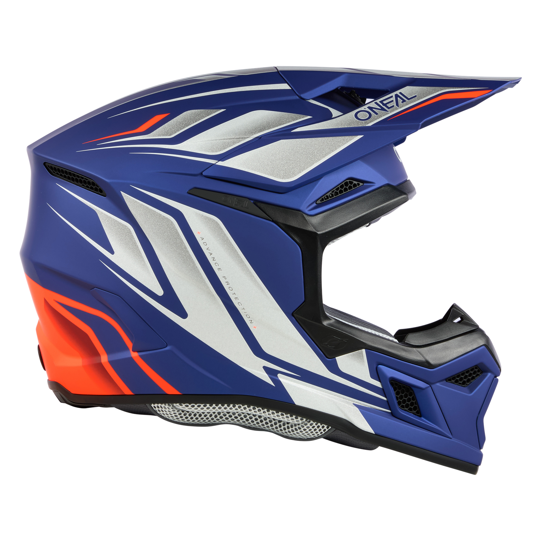 Ein blauer Motocross-Helm mit auffälligen weißen Mustern, leuchtend roten Akzenten und einem schlanken, modernen Design. Der O'NEAL 3SRS Helm VERTICAL wird mit einem Visier geliefert und trägt auf der Oberseite deutlich das „O'NEAL“-Branding. Perfekt für Offroad-Biken und verschiedene Motorsportarten, insbesondere bei intensiven Rennsitzungen.