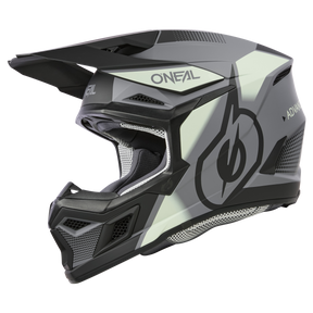 Ein schwarz-grau-weißer Integralhelm O'NEAL 3SRS VISION vor einem schwarzen Hintergrund. Dieser O'NEAL-Helm verfügt über ein modernes Design mit markanten Belüftungspunkten und einem grafischen Logo an der Seite, perfekt für Motocross-Fans, die Stil und Schutz suchen.