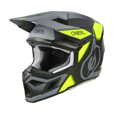 Der O'NEAL 3SRS Helm VISION ist ein schwarz-grau-neongelber Integralhelm für Motocross, bei dem der Markenname sowohl vorne als auch seitlich gut sichtbar angebracht ist. Ausgestattet mit einem Visier, großen Belüftungsöffnungen und Grafikaufklebern bietet dieser Helm dem Fahrer sowohl Stil als auch Schutz.