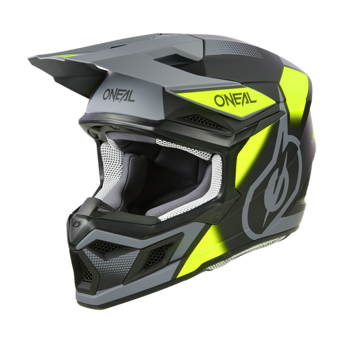 Der O'NEAL 3SRS Helm VISION ist ein schwarz-grau-neongelber Integralhelm für Motocross, bei dem der Markenname sowohl vorne als auch seitlich gut sichtbar angebracht ist. Ausgestattet mit einem Visier, großen Belüftungsöffnungen und Grafikaufklebern bietet dieser Helm dem Fahrer sowohl Stil als auch Schutz.