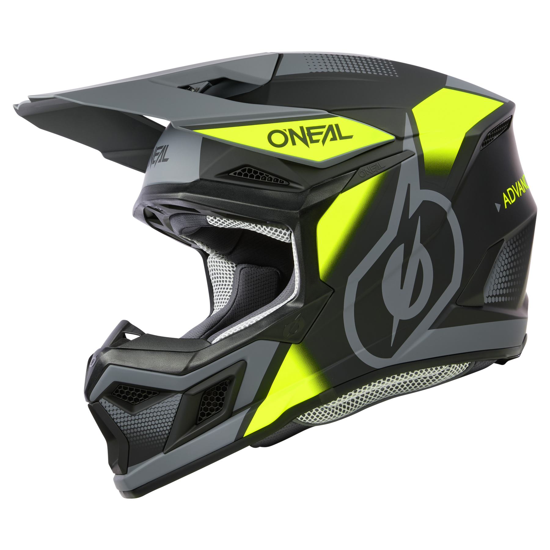 Der O'NEAL 3SRS Helm VISION, ein Integralhelm von O'NEAL, kommt in Schwarz und Neongelb. Er verfügt über ein Visier, ein eckiges Design, Belüftungsöffnungen, die prominente Darstellung des O'NEAL-Logos und ein auffälliges grafisches Muster.
