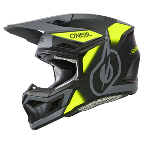 Der O'NEAL 3SRS Helm VISION, ein Integralhelm von O'NEAL, kommt in Schwarz und Neongelb. Er verfügt über ein Visier, ein eckiges Design, Belüftungsöffnungen, die prominente Darstellung des O'NEAL-Logos und ein auffälliges grafisches Muster.