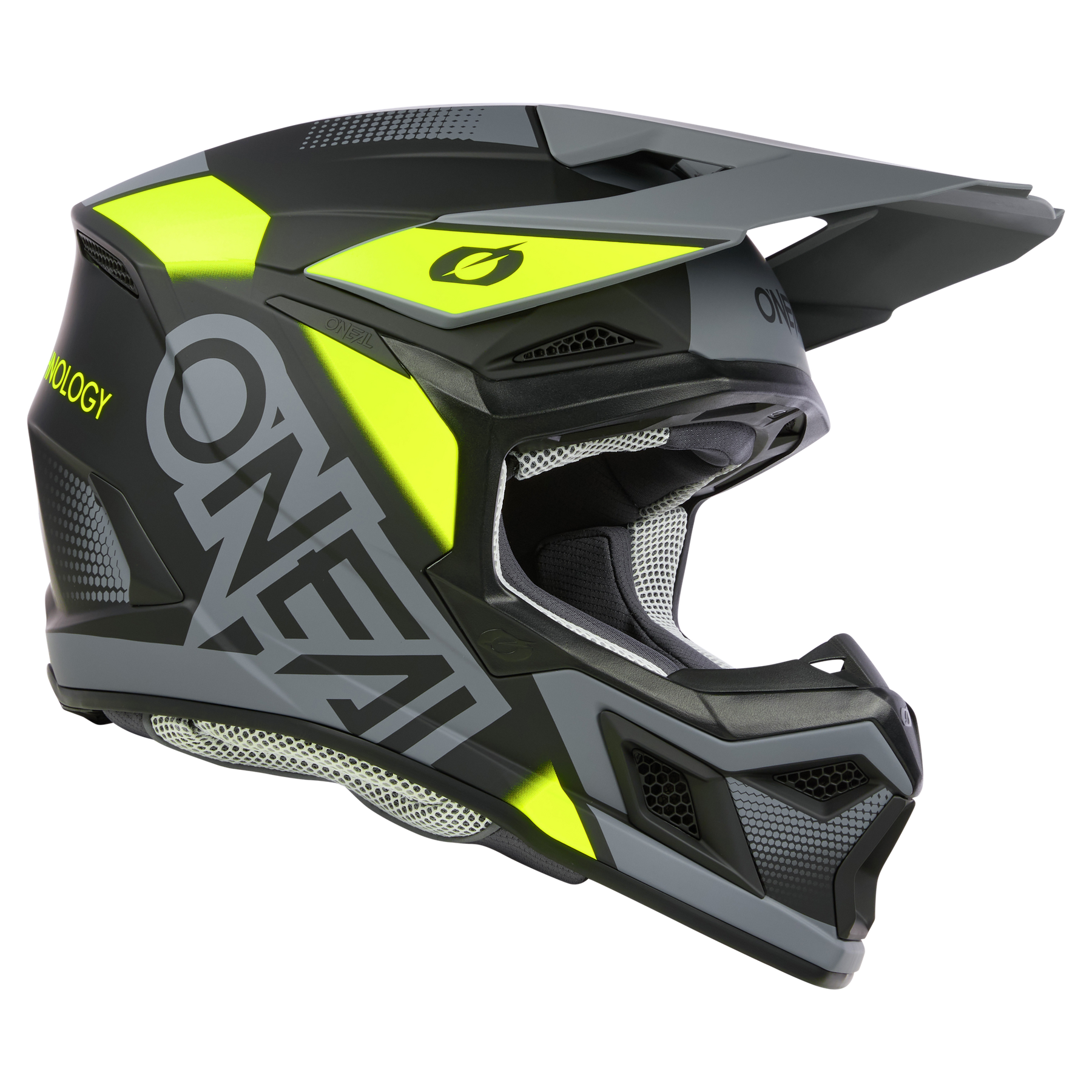 Der O'NEAL 3SRS Helm VISION, ein schwarz-grauer ABS-Helm mit neongelben Akzenten und einem markanten „O'Neal“-Logo, verfügt über ein Visier, einen Kinnschutz und Belüftungsöffnungen. Dieser schlanke, eckige Motocross-Helm ist auf aerodynamische Effizienz und Fahrerschutz ausgelegt.