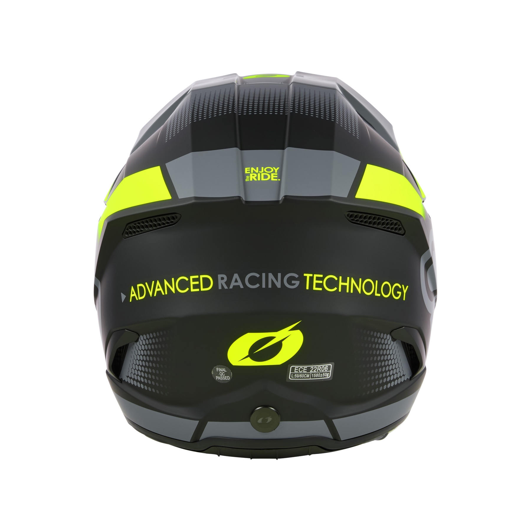 Das Bild zeigt die Rückansicht eines O'NEAL 3SRS Helm VISION Motocross-Helms in Schwarz und Gelb, mit der Aufschrift „Advanced Racing Technology“ und einem grün-weißen Logo, das einem stilisierten „O“ ähnelt. Der Text „Enjoy the Ride“ erscheint neben Zertifizierungsetiketten weiter unten.