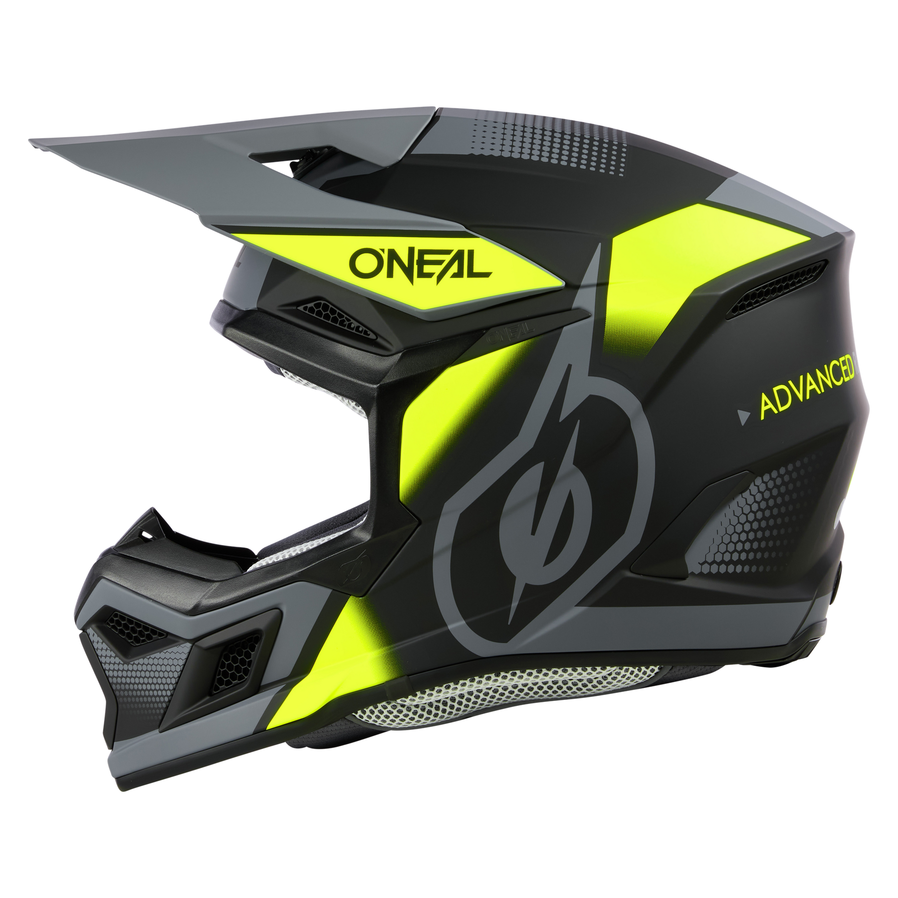 Ein Integralhelm für Offroad-Motorräder in Schwarz und Grau mit neongelben Akzenten und dem Markennamen „O'NEAL“ an der Seite. Der O'NEAL 3SRS Helm VISION Motocross-Helm mit Visier, großen Belüftungsöffnungen und stilisiertem Blitz-Logo besteht aus strapazierfähigem ABS 3SRS MX Helm-Material.