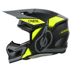 Ein Integralhelm für Offroad-Motorräder in Schwarz und Grau mit neongelben Akzenten und dem Markennamen „O'NEAL“ an der Seite. Der O'NEAL 3SRS Helm VISION Motocross-Helm mit Visier, großen Belüftungsöffnungen und stilisiertem Blitz-Logo besteht aus strapazierfähigem ABS 3SRS MX Helm-Material.