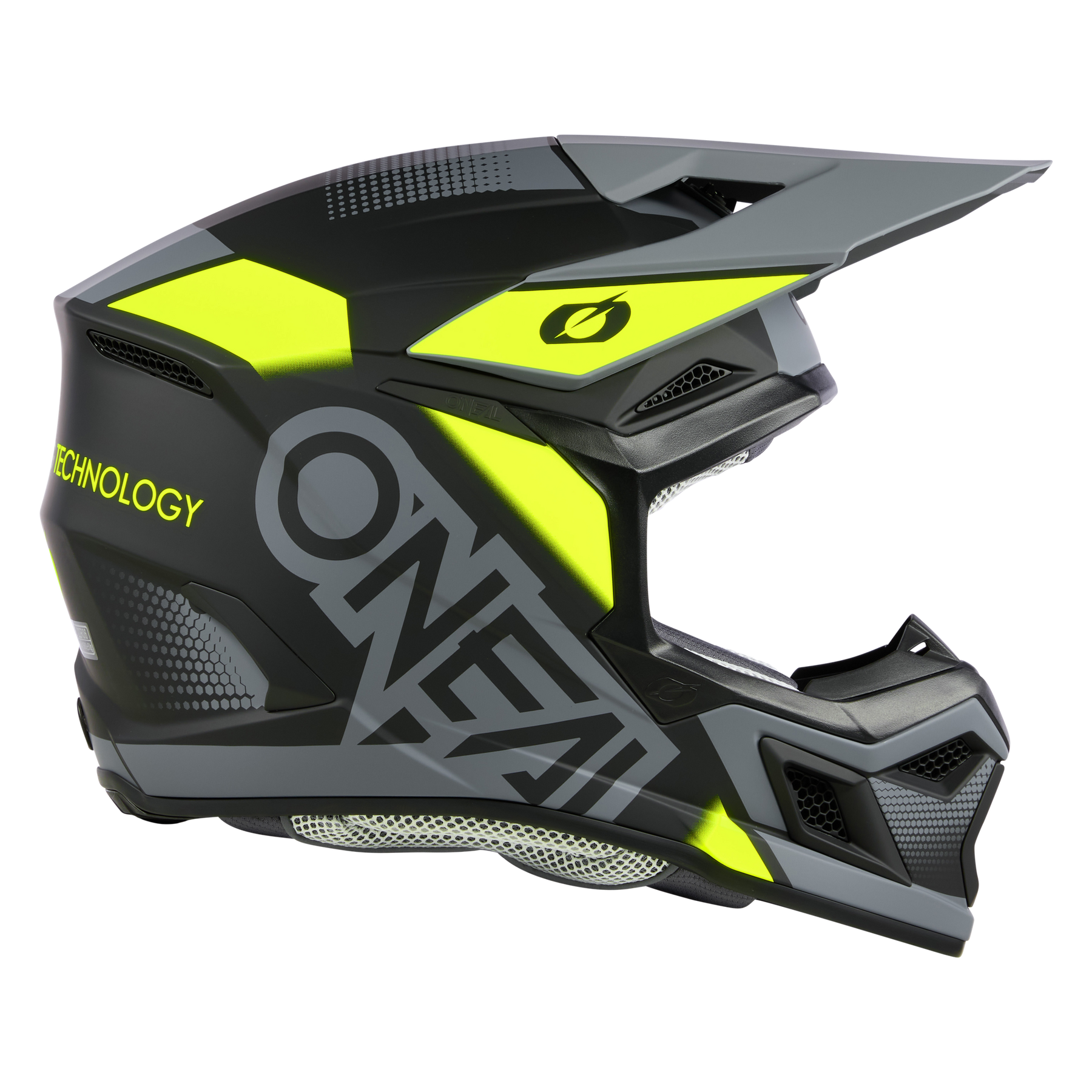 Der O'NEAL 3SRS Helm VISION ist ein Motorradhelm mit einem auffälligen schwarz-gelben Design. Er verfügt über ein großes Visier, Belüftungsöffnungen und trägt das auffällige „ONEAL“-Logo an der Seite, während auf der Rückseite „TECHNOLOGY“ steht. Dieser ABS 3SRS MX Helm ist perfekt für Motocross und verfügt über ein modernes, kantiges Design.
