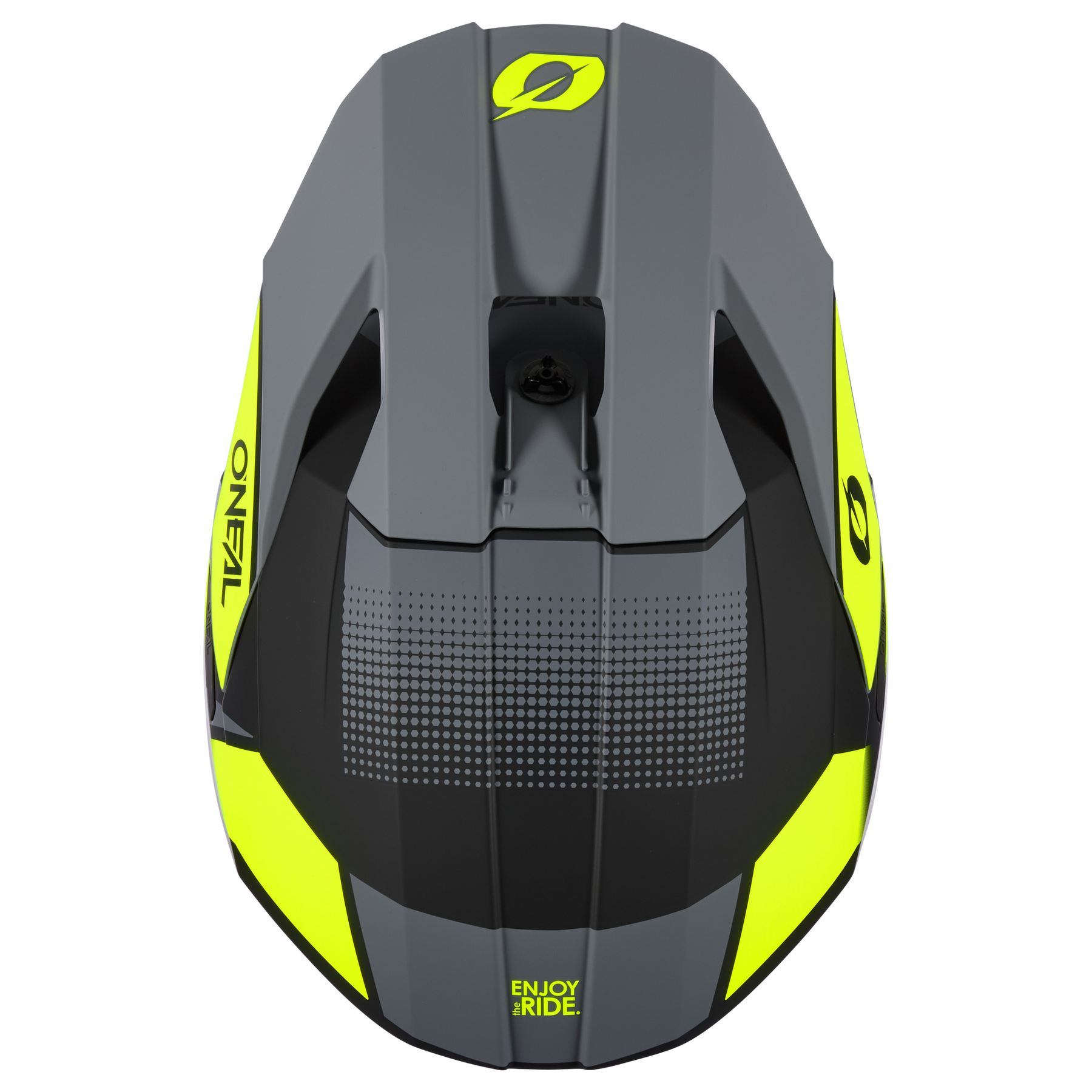 Draufsicht eines O'NEAL 3SRS Helm VISION Sport-Motorradhelms in Mattschwarz mit neongelben Akzenten und dem Aufdruck „Enjoy Ride“. Dieser ABS O'NEAL 3SRS MX Helm verfügt über ein schlankes Design mit aerodynamischen Linien und sichtbaren Belüftungsplatten, perfekt für Motocross-Fans.