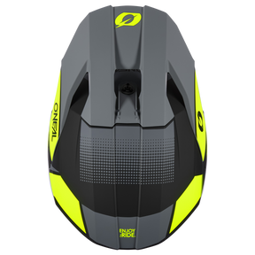 Draufsicht eines O'NEAL 3SRS Helm VISION Sport-Motorradhelms in Mattschwarz mit neongelben Akzenten und dem Aufdruck „Enjoy Ride“. Dieser ABS O'NEAL 3SRS MX Helm verfügt über ein schlankes Design mit aerodynamischen Linien und sichtbaren Belüftungsplatten, perfekt für Motocross-Fans.