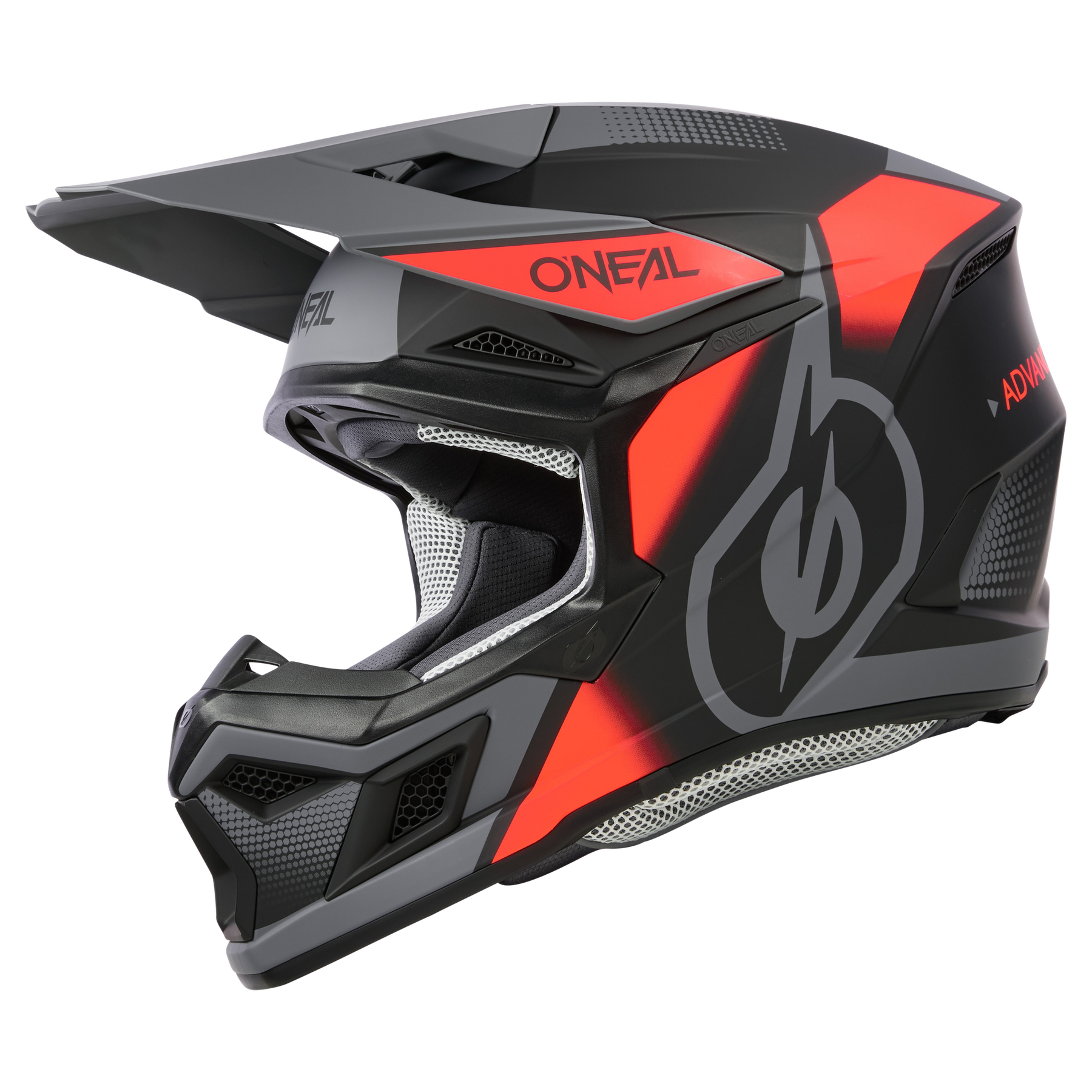 Der schwarz-rote O'NEAL 3SRS Helm VISION ist ein Fullface-Motocross-Helm mit Visier, großem Kinnschutz, kantigem Design, Belüftungsöffnungen und dem ikonischen O'NEAL-Logo an der Seite.