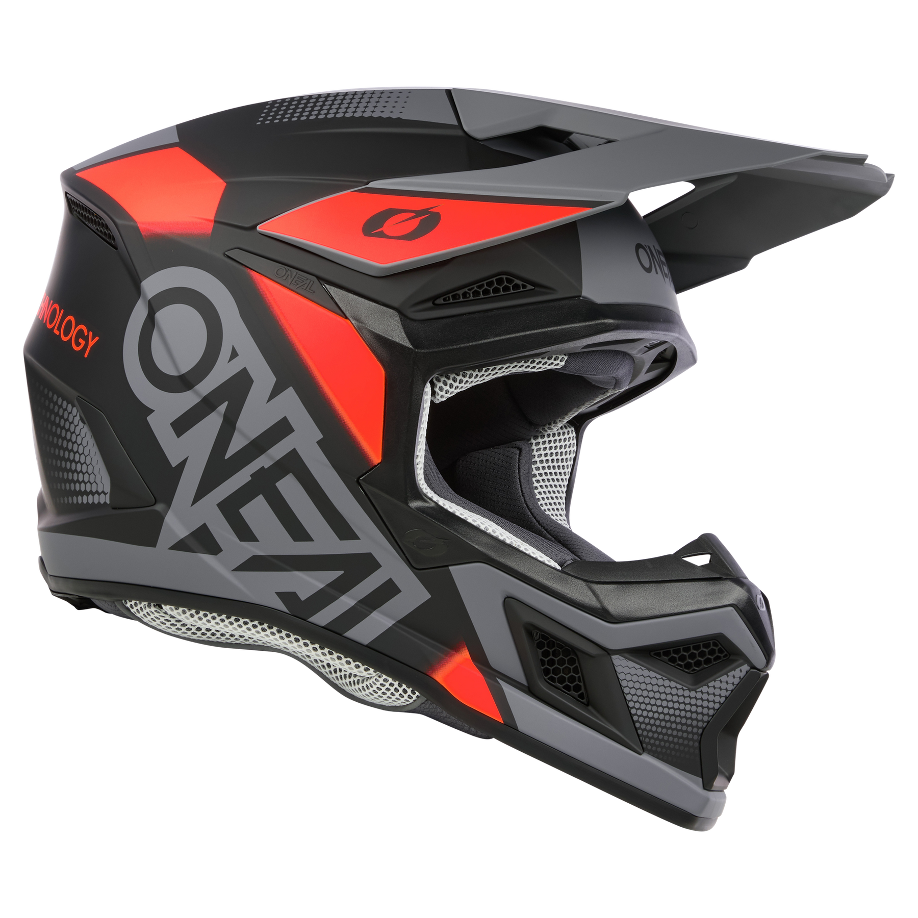 Seitenansicht des O'NEAL 3SRS Helm VISION Motocross-Helms in Schwarz, Grau und Rot mit Visier, seitlichem ONEAL"-Schriftzug und Belüftungsöffnungen.