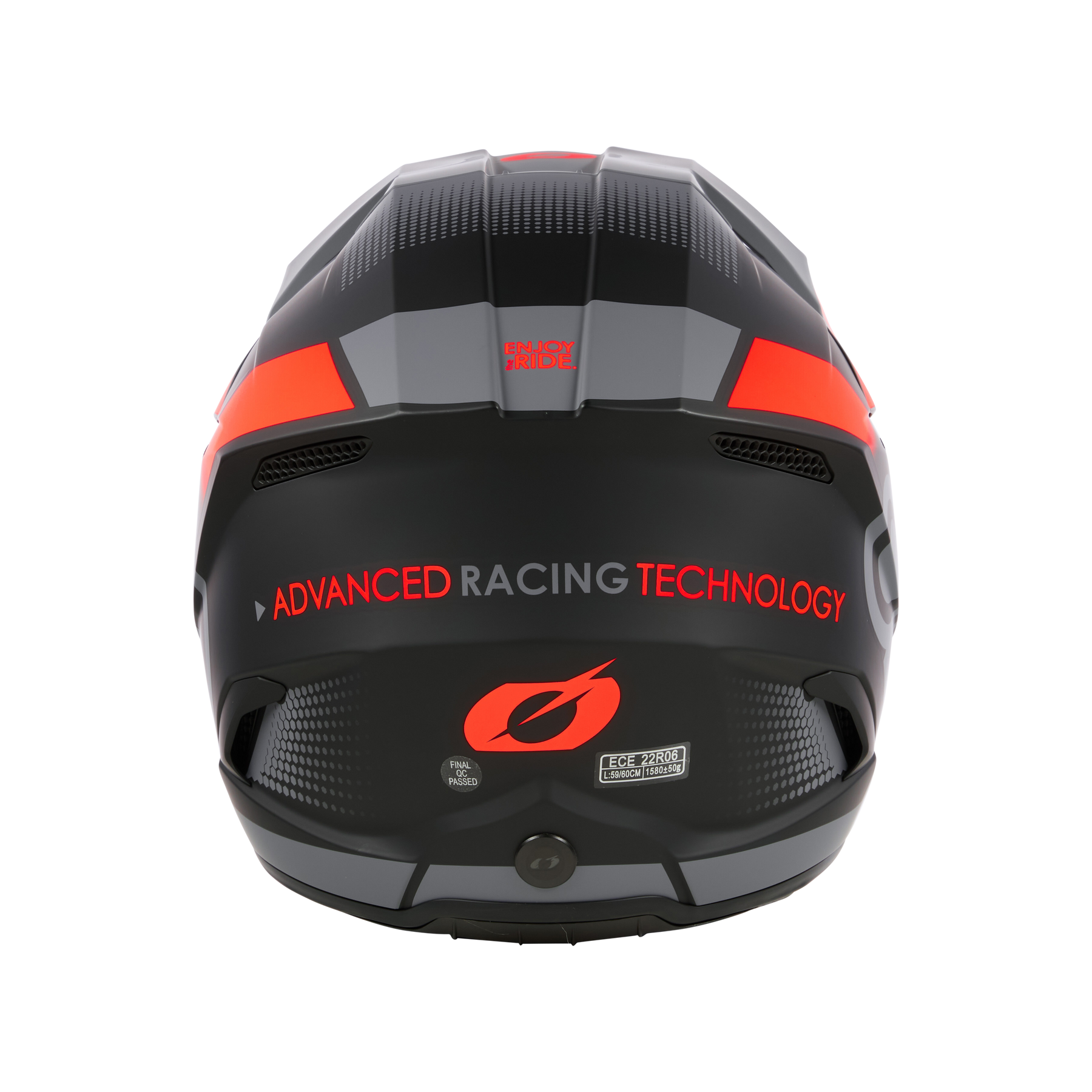 Rückansicht des schwarzen O'NEAL 3SRS Helm VISION mit roten Akzenten, "ADVANCED RACING TECHNOLOGY" in Rot und Grau und einem stilisierten Logo in der unteren Mitte - ideal für Motocross-Fans.