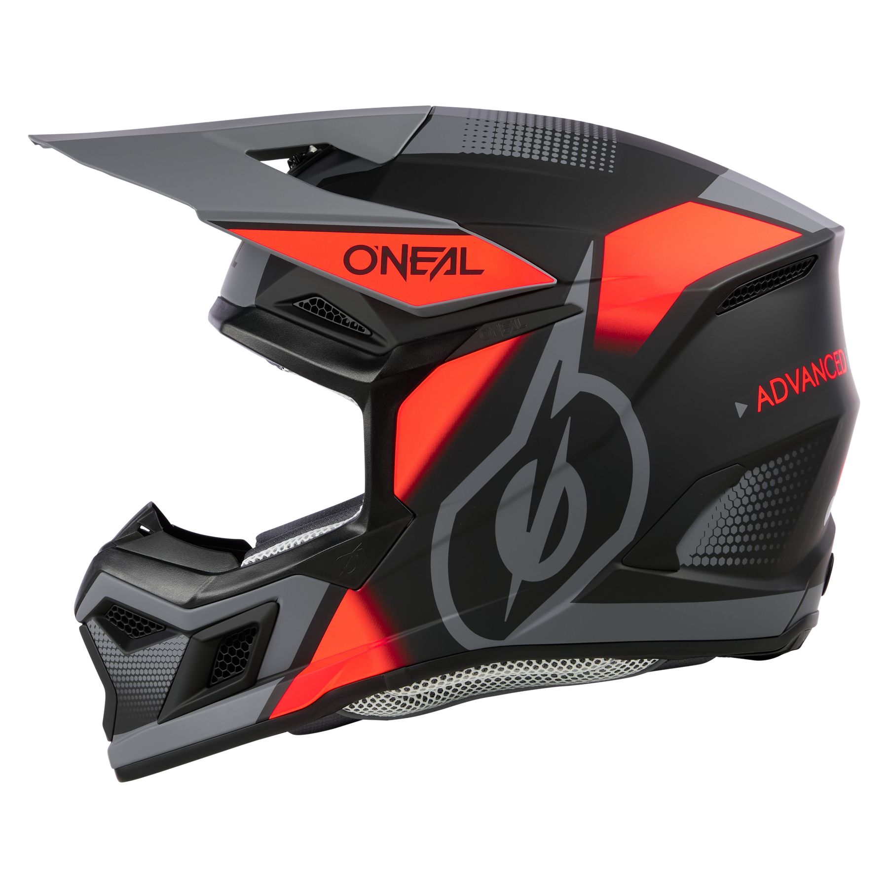Der O'NEAL 3SRS Helm VISION ist ein schwarz-rot-grauer Motocross-Helm mit Visier und Kinnschutz, auf dem "O'NEAL", "ADVANCED" und ein auffälliges stilisiertes Logo an der Seite zu sehen sind.