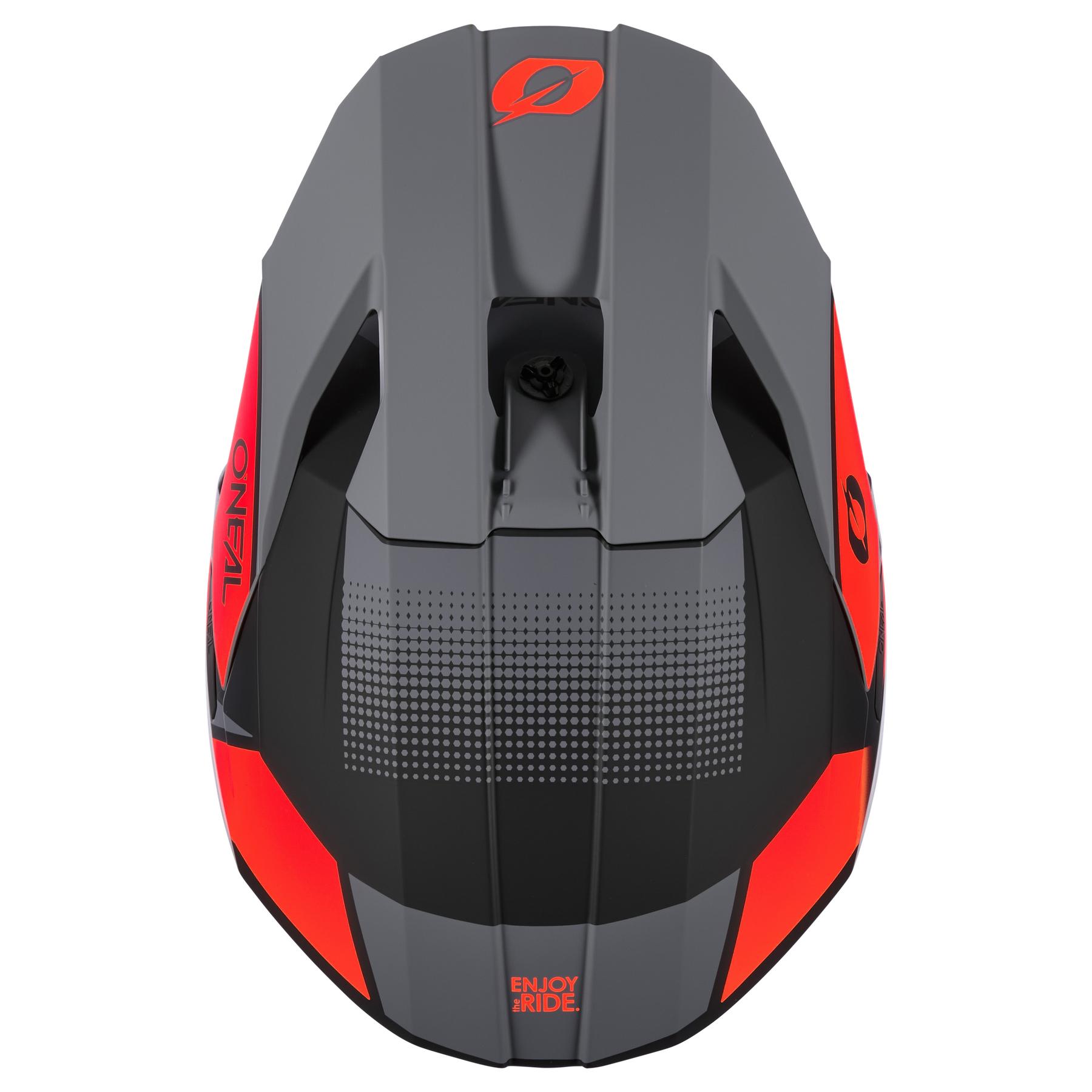 Draufsicht auf den O'NEAL 3SRS Helm VISION in mattem Grau/Schwarz mit roten Akzenten, "O'NEAL" an der Seite und "ENJOY RIDE." auf der Rückseite. Mit schlanken Belüftungsöffnungen und einem modernen, aerodynamischen Motocross-Helmdesign.