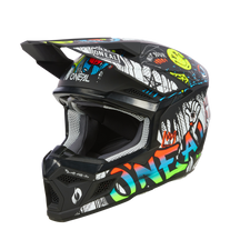 Der O'NEAL 3SRS Helm Kinder RANCID ist ein schwarzer Motocross-Helm, der mit lebendigen Graffiti-Kunstwerken verziert ist und auf seiner Oberfläche eine Reihe von Farben, Mustern und Illustrationen zeigt. Er verfügt über ein markantes Visier und eine Innenpolsterung für verbesserten Komfort und Schutz. Die Marke „O'Neal“ ist auf der Vorderseite und den Seiten deutlich zu sehen.
