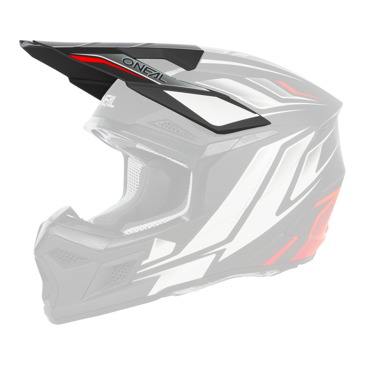 Der O'NEAL Visor 3SRS Youth Helmet VERTICAL ist ein schwarz-weiß-roter Motocrosshelm mit offenem Gesicht, eckigem Design und großem Visier. Der Helm trägt den Markennamen „O'Neal“ über dem Visier und an der Seite, ergänzt durch sein auffälliges aerodynamisches Design.