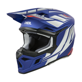 Der O'NEAL 3SRS Helm Kinder VERTICAL ist ein blau-weiß-roter Motocross-Helm mit geometrischen Mustern und seitlichem „O'NEAL“-Branding. Er wurde für Sicherheit und Komfort entwickelt und ist ideal für junge Fahrer.