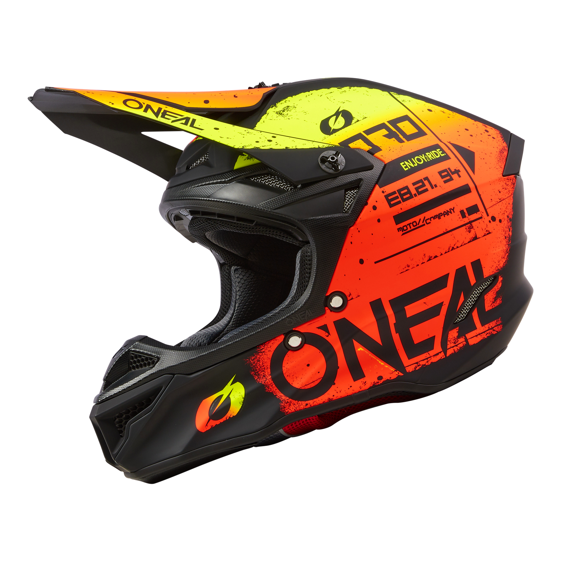 Der O'NEAL 5SRS Polyacrylite Helm SCARZ besteht aus einer robusten Schale mit schwarzer Basis, leuchtenden orangefarbenen, roten und gelben Akzenten, auffälligen Grafiken und dem O'NEAL-Markennamen auf der Seite.