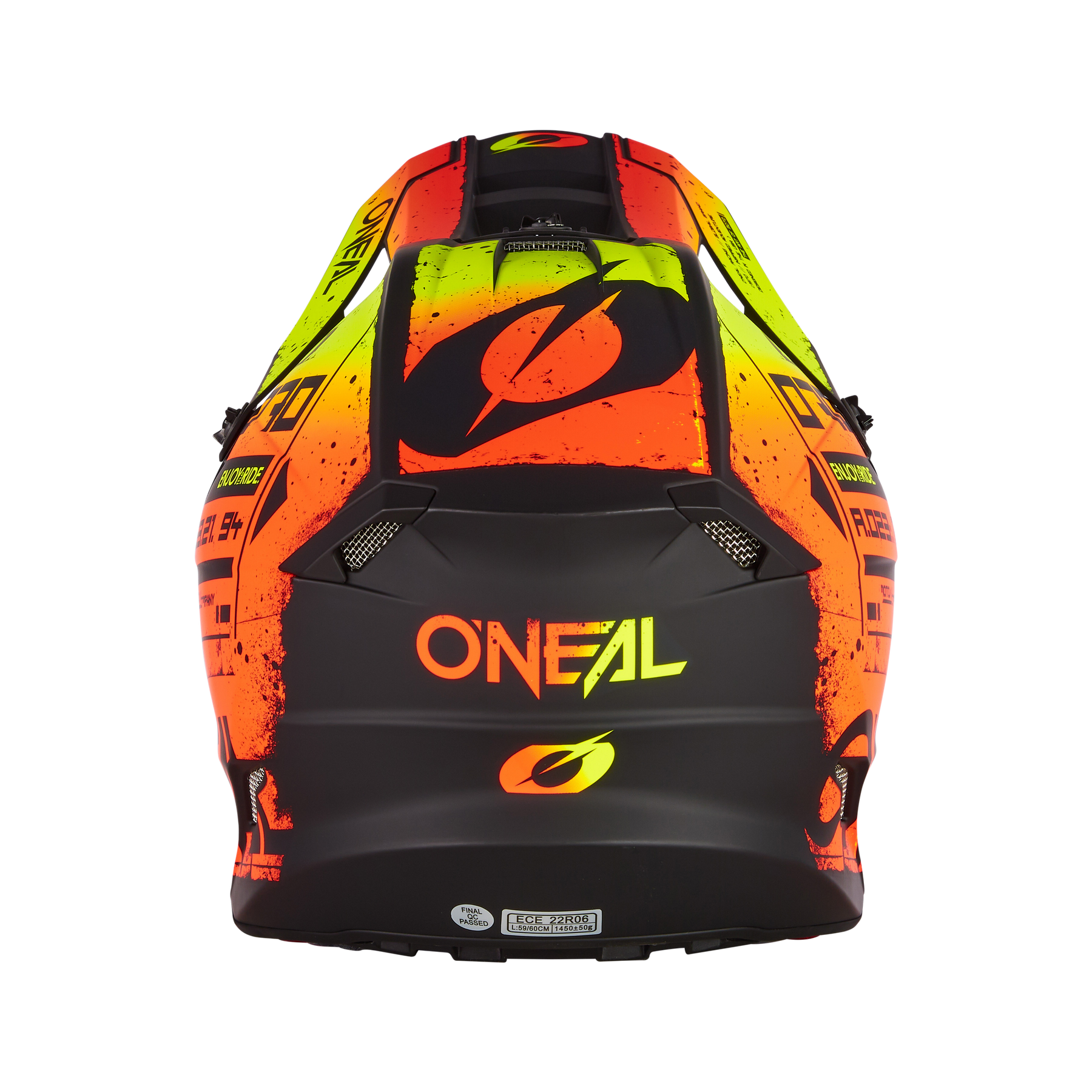 Der O'NEAL 5SRS Polyacrylite Helm SCARZ ist mit einem auffälligen O'NEAL-Logo, neongelben, orangen und roten Akzenten auf strapazierfähigem Polyacrylite mit schwarzem Untergrund und mehreren Sponsorenlogos versehen (von hinten).