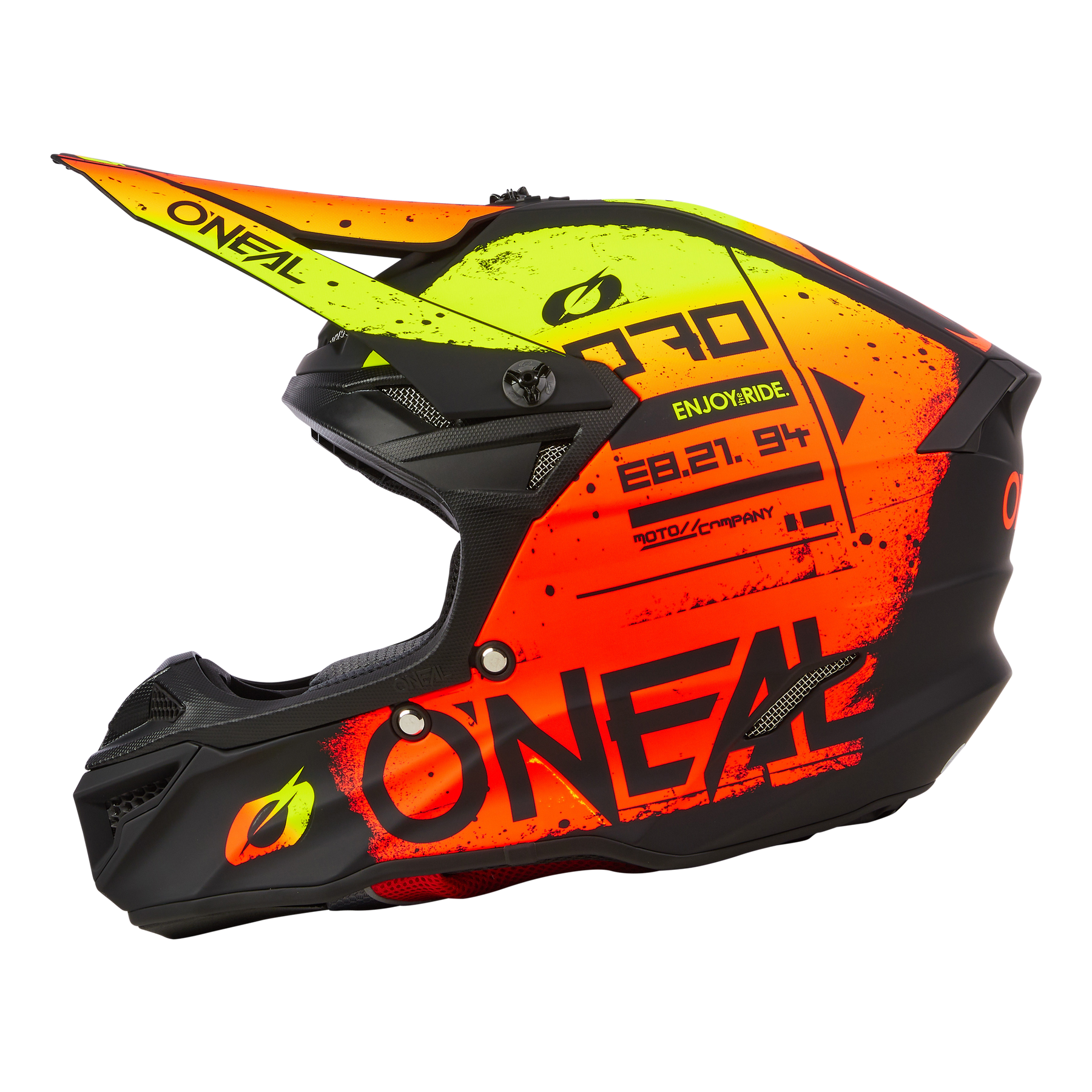 Der O'NEAL 5SRS Polyacrylite Helm SCARZ ist ein schwarzer, orangefarbener und gelber Motocross-Helm mit Visier, der mit einem auffälligen O'NEAL-Branding, markanten Grafiken und "970" sowie "08.21.84" an der Seite versehen ist. Strapazierfähige ABS-Schale auf einfarbigem Hintergrund.