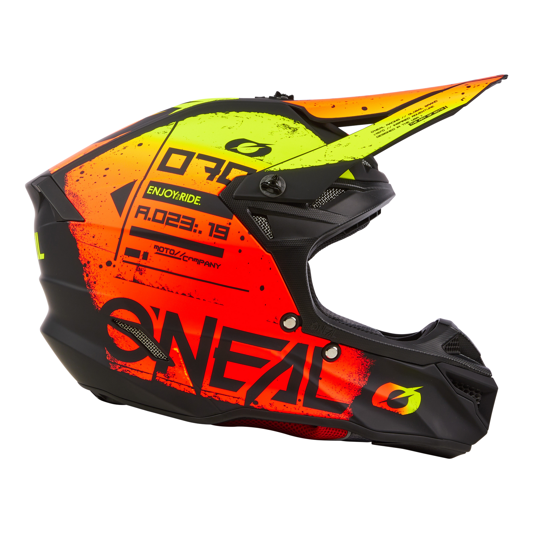 Der O'NEAL 5SRS Polyacrylite Helm SCARZ ist ein schwarzer Motocross-Helm mit leuchtend gelben und orangefarbenen Grafiken, "ONEAL"-Schriftzug an der Seite und einer robusten ABS-Schale, die im Seitenprofil vor einem schwarzen Hintergrund abgebildet ist.