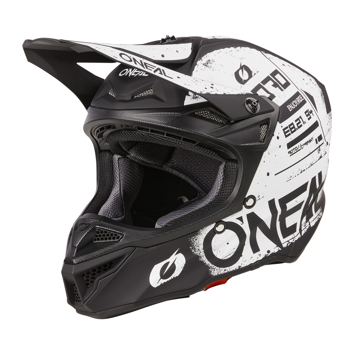 Der O'NEAL 5SRS Polyacrylite Helm SCARZ ist ein schwarz-weißer Motocross-Helm mit Visier, "ONEAL"-Branding, atmungsaktiver Polsterung und einer robusten ABS-Konstruktion für mehr Sicherheit.